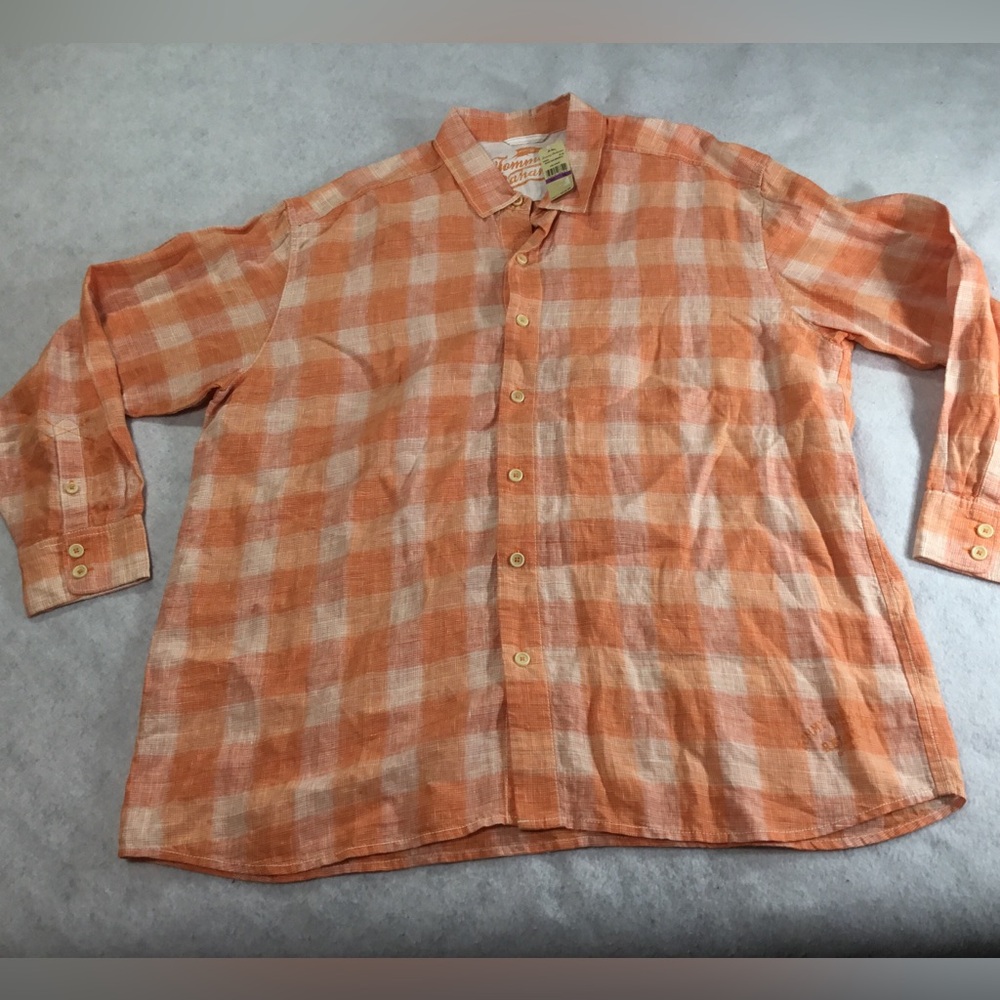 Tommy Bahama Orange and Cream Plaid Linen Button-Down long sleeved Shirt SZ 2XL